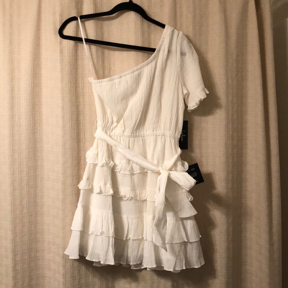BRAND NEW White Ruffle One Sleeve Lulus Dress